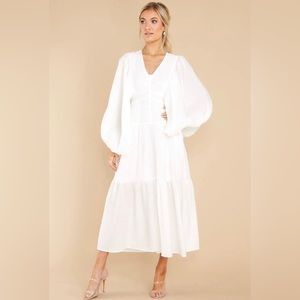 JUST ME WHITE DRESS WITH BISHOP SLEEVES.